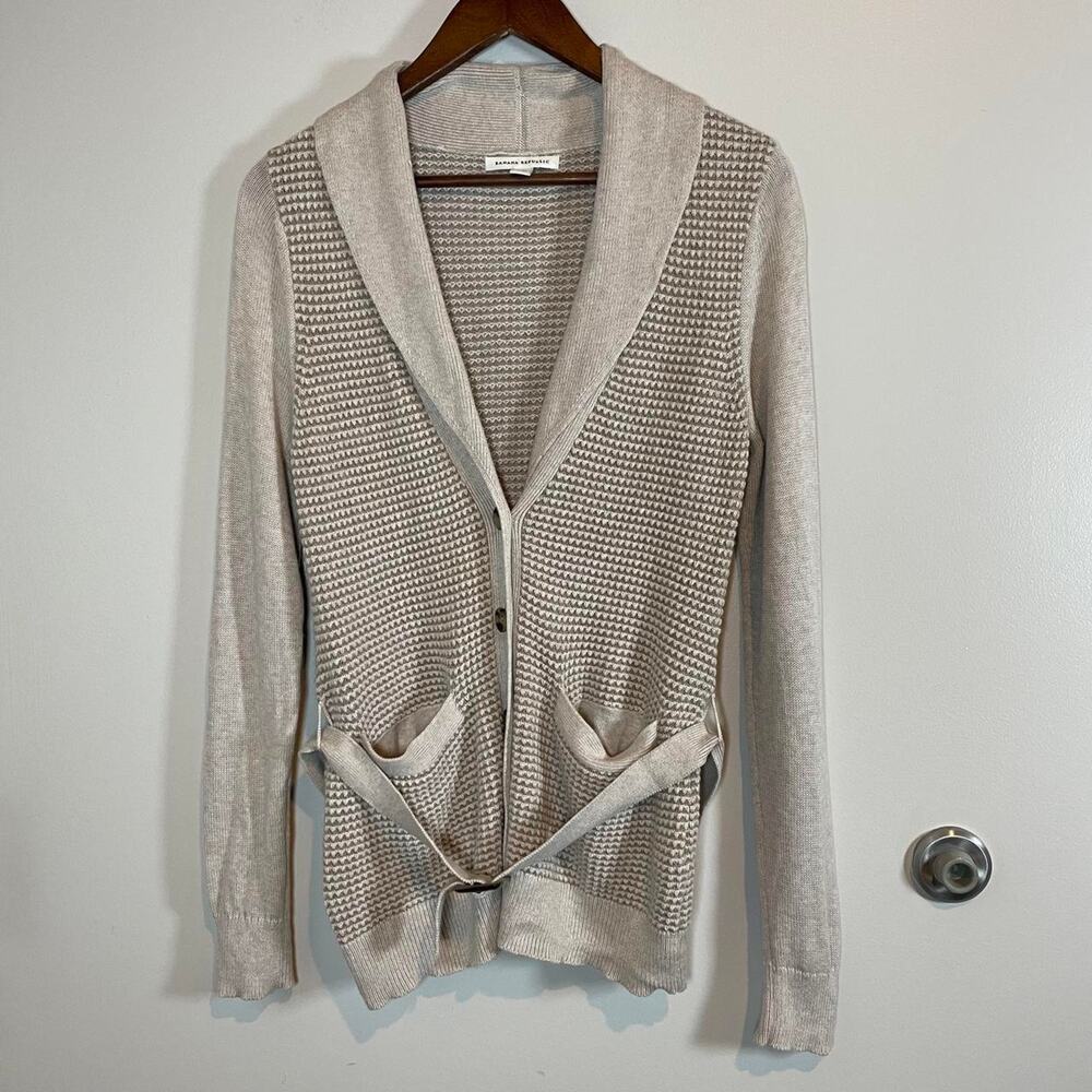 Banana Republic Beige Pima Cotton and Wool Belted Waffle Knit Cardigan Sweater